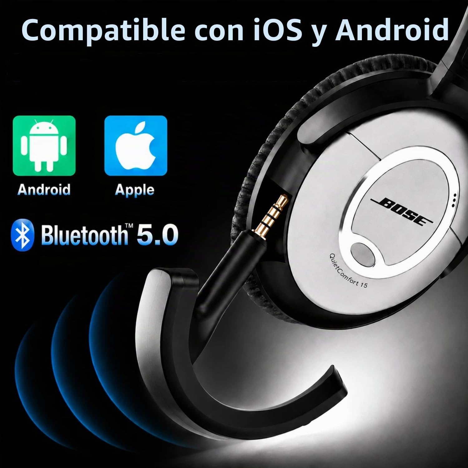 aptX - Adaptador inalámbrico Bluetooth 5.0 para Bose QuietComfort QC 15 y QC 2 con micrófono/control de volumen, color negro