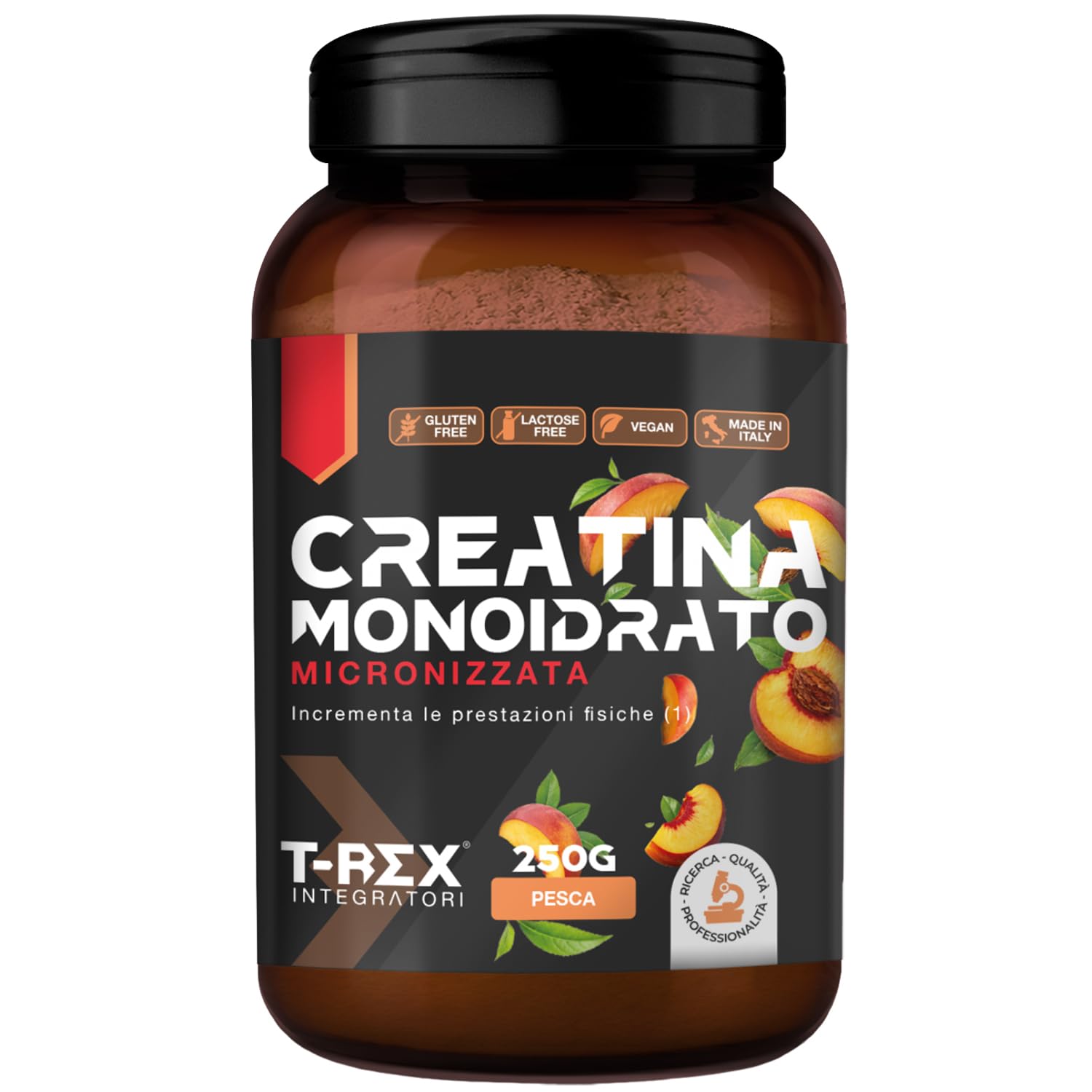 T-Rex Integratori Creatina Monoidrata Micronizzata - Integratore alimentare per massa muscolare e boost energetico pre workout (Thè Alla Pesca, 250 g (Confezione da 1))