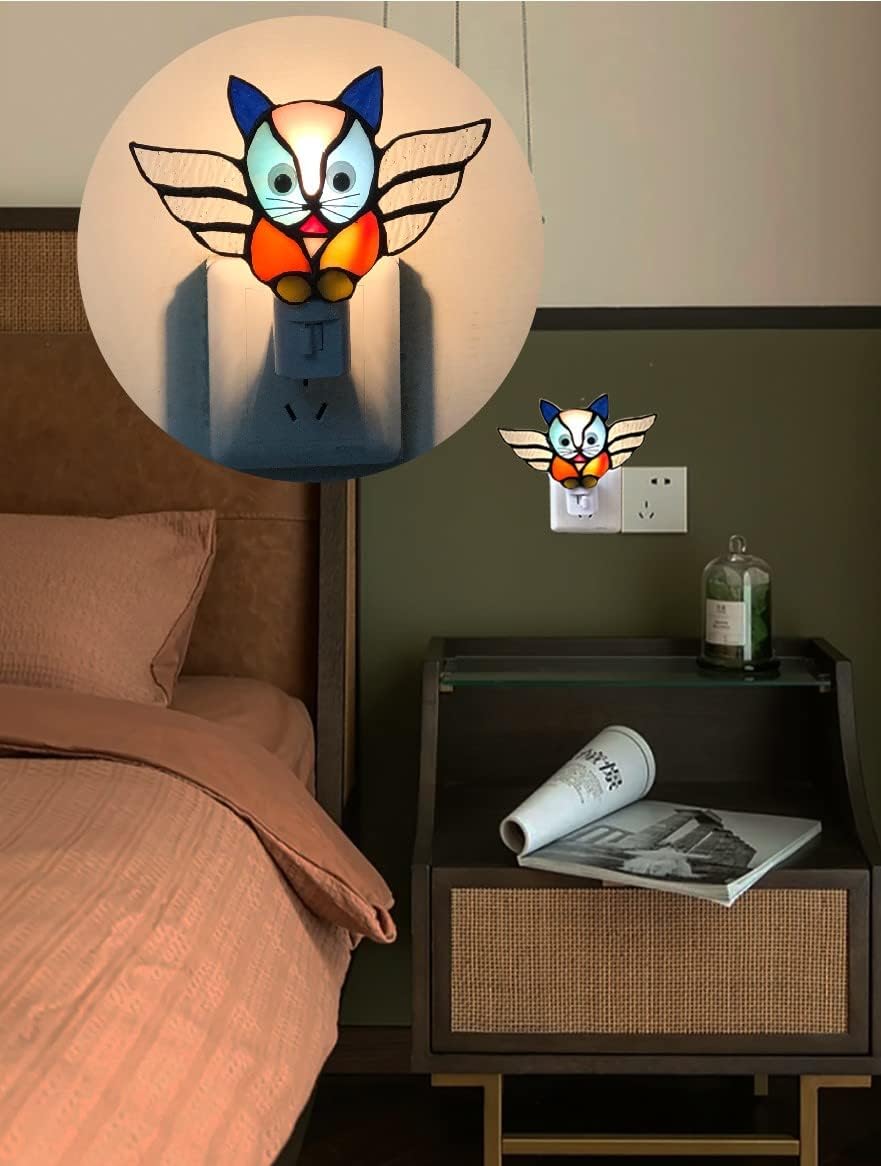 Stained Glass Kitten Night Light, pet Commemorative Gift, Angel cat Night Light, Bedside Light, Corridor Light, Plug-in The Wall (DYM9005)