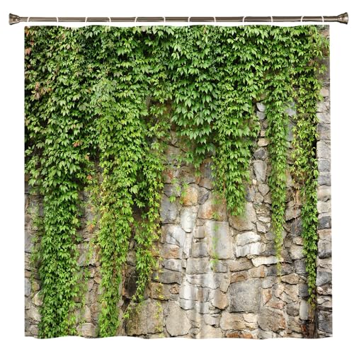 QWRSMYX Green Leaves Shower Curtain Garden Landscape Nature Plant Scenery Stone Brick Wall Rustic Marble Rocks Stone Wall Bathtub Curtains Fabric Bathroom Accessories with Hooks 70Wx70H Inch