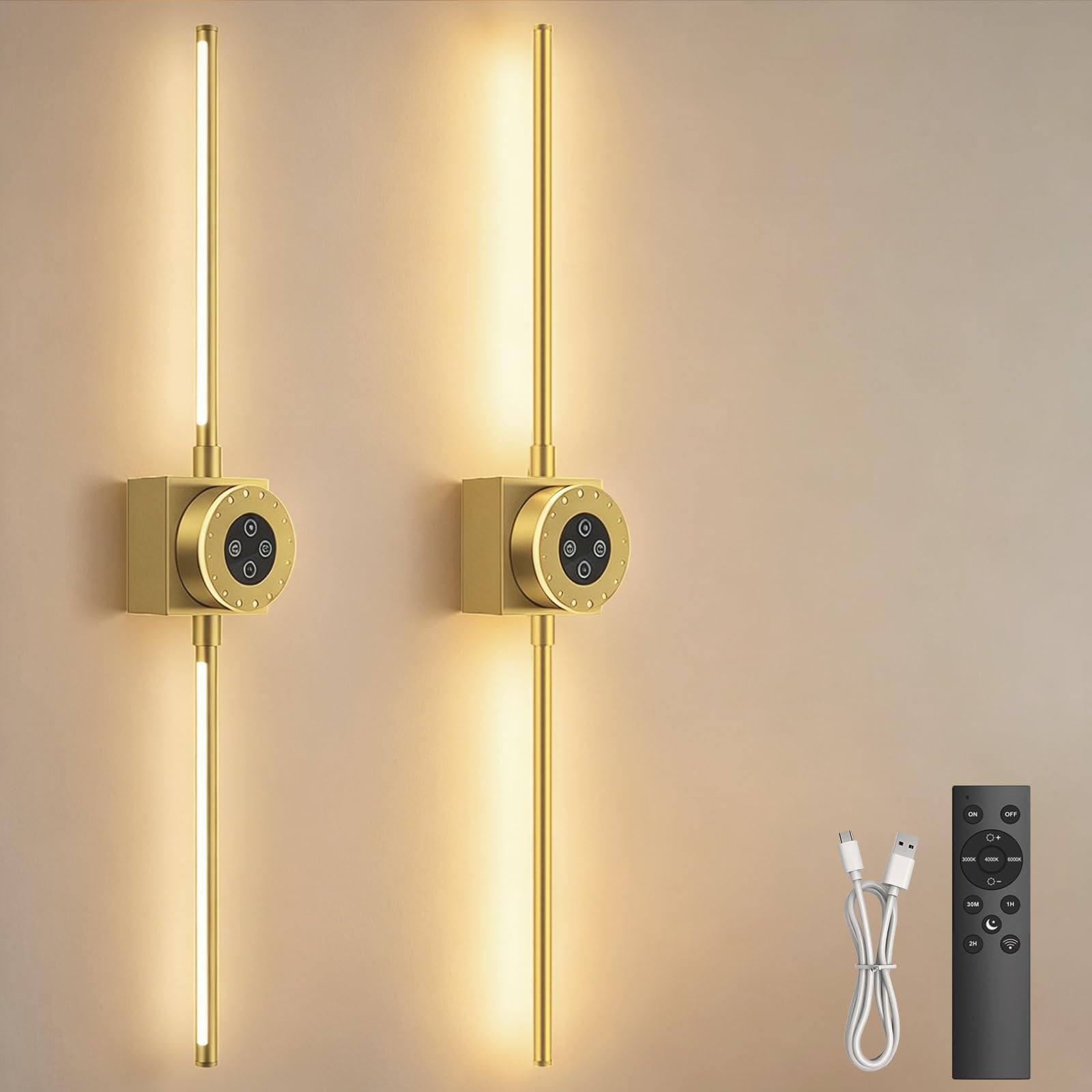 Akku Wandleuchte Innen Gold Touch Fernbedienung Dimmbar für Schlafzimmer | 78.5CM Lang Abnehmbar 6000 mAh Batterie USB Aufladbare Kabellos 360° Drehbarer Timer Tragbar Wandbeleuchtung für Wohnzimmer