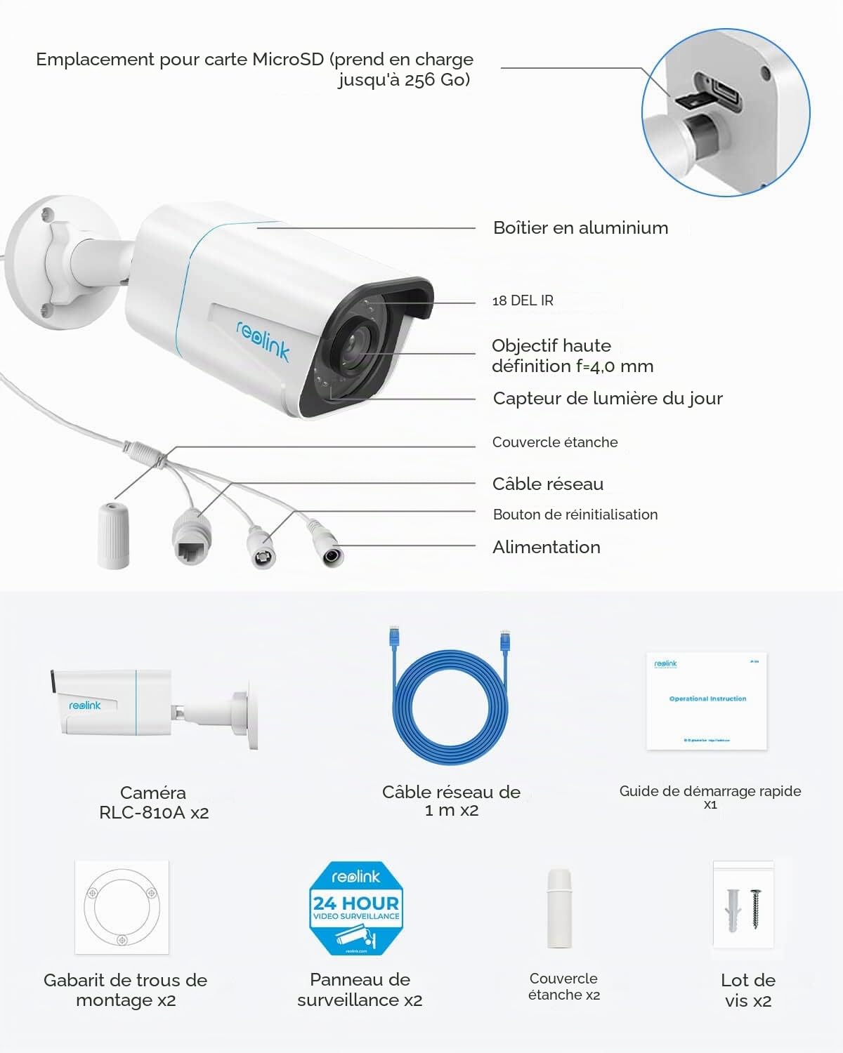 Reolink 2 Pièces 4K Caméras de Surveillance Extérieure PoE, RLC-810A | Caméra IP avec Détection Personne/Véhicule, IP67, Time Lapse, Fente pour Carte microSD, Vision Nocturne 30m, Audio
