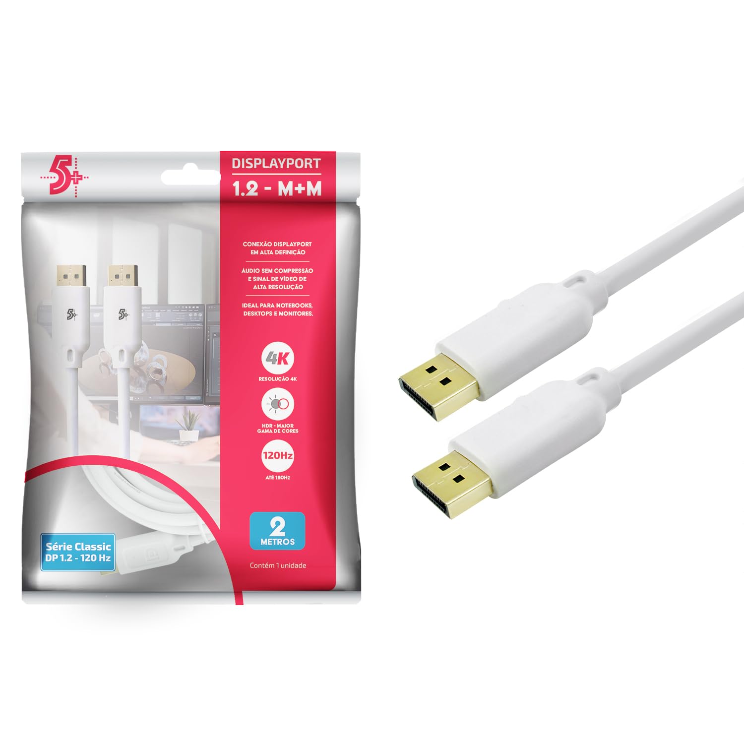 5+ Cabo Displayport 1.2 Macho para Macho 4K 120 Hz, 2 Metros