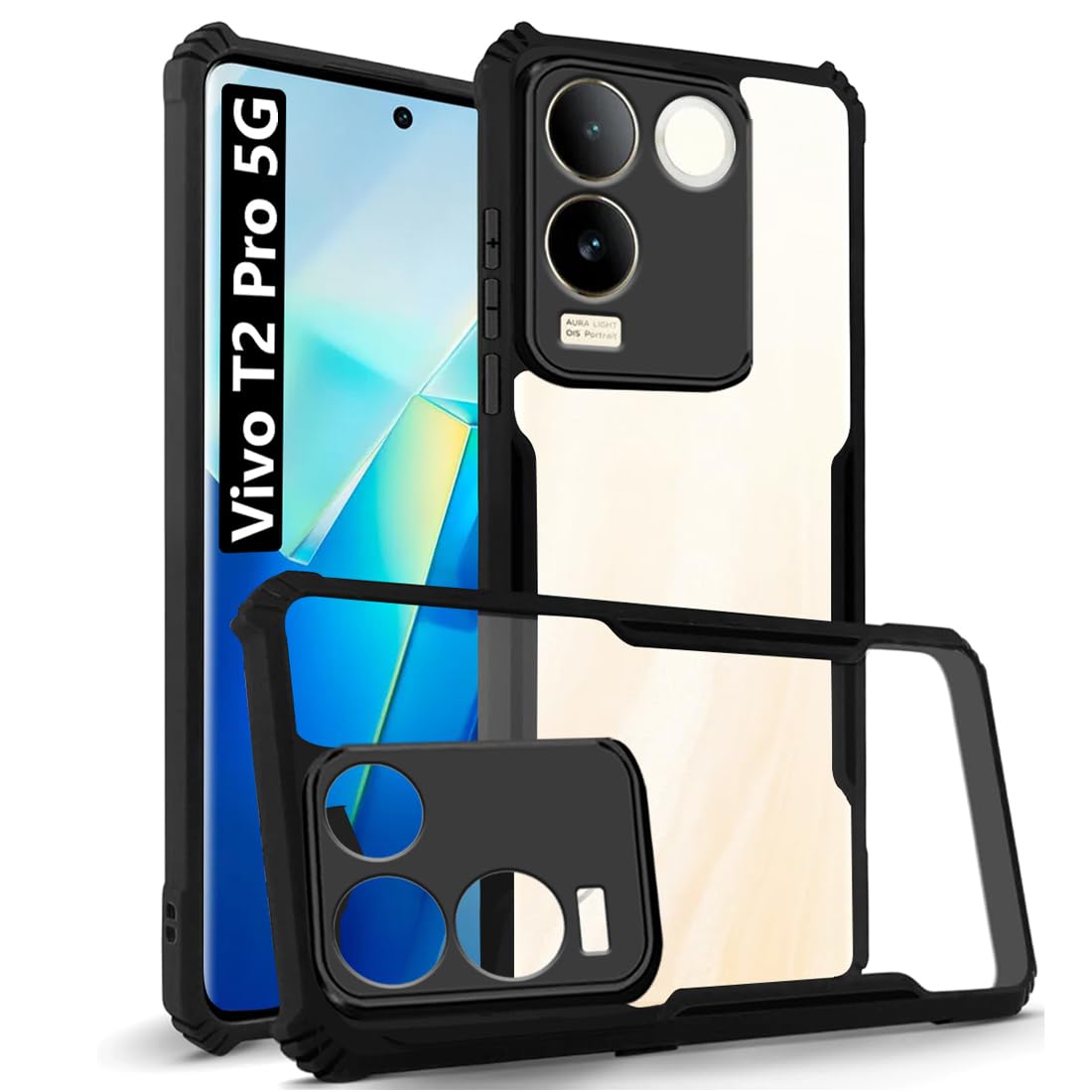 Fashionury Ultra-Hybrid Crystal Clear Back Cover Case for Vivo T2 Pro 5G | Shockproof Design | Total Camera Protection | Transparent Back (PC & TPU) Vivo T2 Pro 5G (Black Bumper) (B0CK25DPQL) Amazon Price History, Amazon Price Tracker