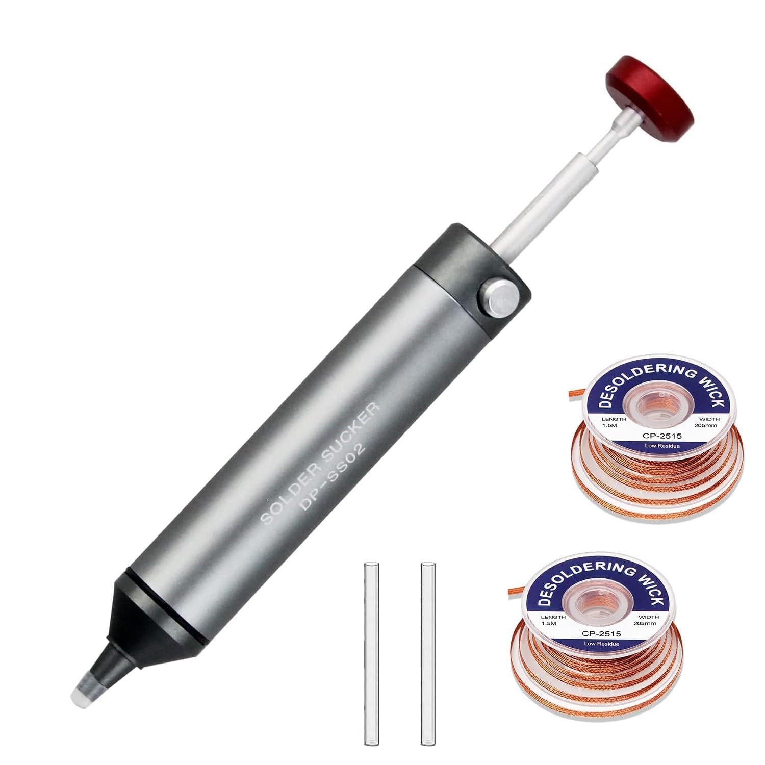 Pompa dissaldante, non intasante Solder Sucker, 2 ugelli in silicone, 2 punte dissaldanti, resistente al calore, 0,04 MPa super aspirazione