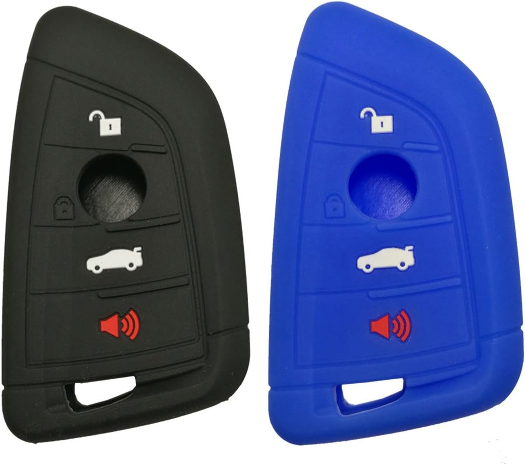Keyless Entry Remote Key Fob Cover Skin Case Protective Silicone Rubber Key Jacket Protector Holder for BMW 2014 2015 2016 2017 X1 F48 X3 X4 X5 X6 Remote Smart 3 4 Buttons Key (1 Black + 1 Blue)
