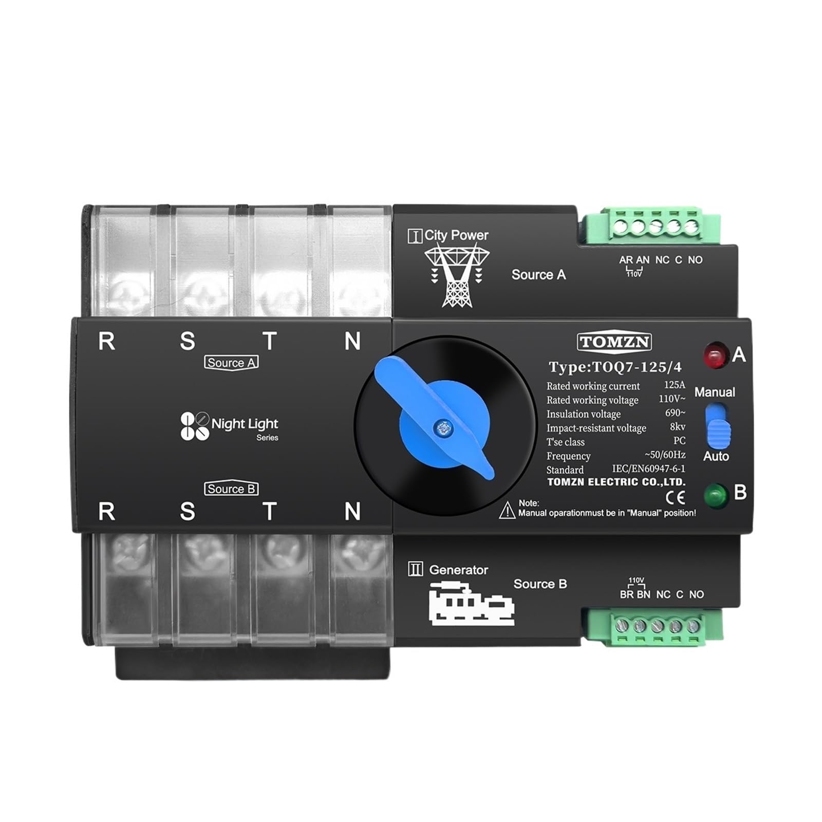 VSPPJYFG Rail 3 Phase 4P 63A 100A 125A 110V 120V Dual Power Transfer Electrical Selector Switch(100A)