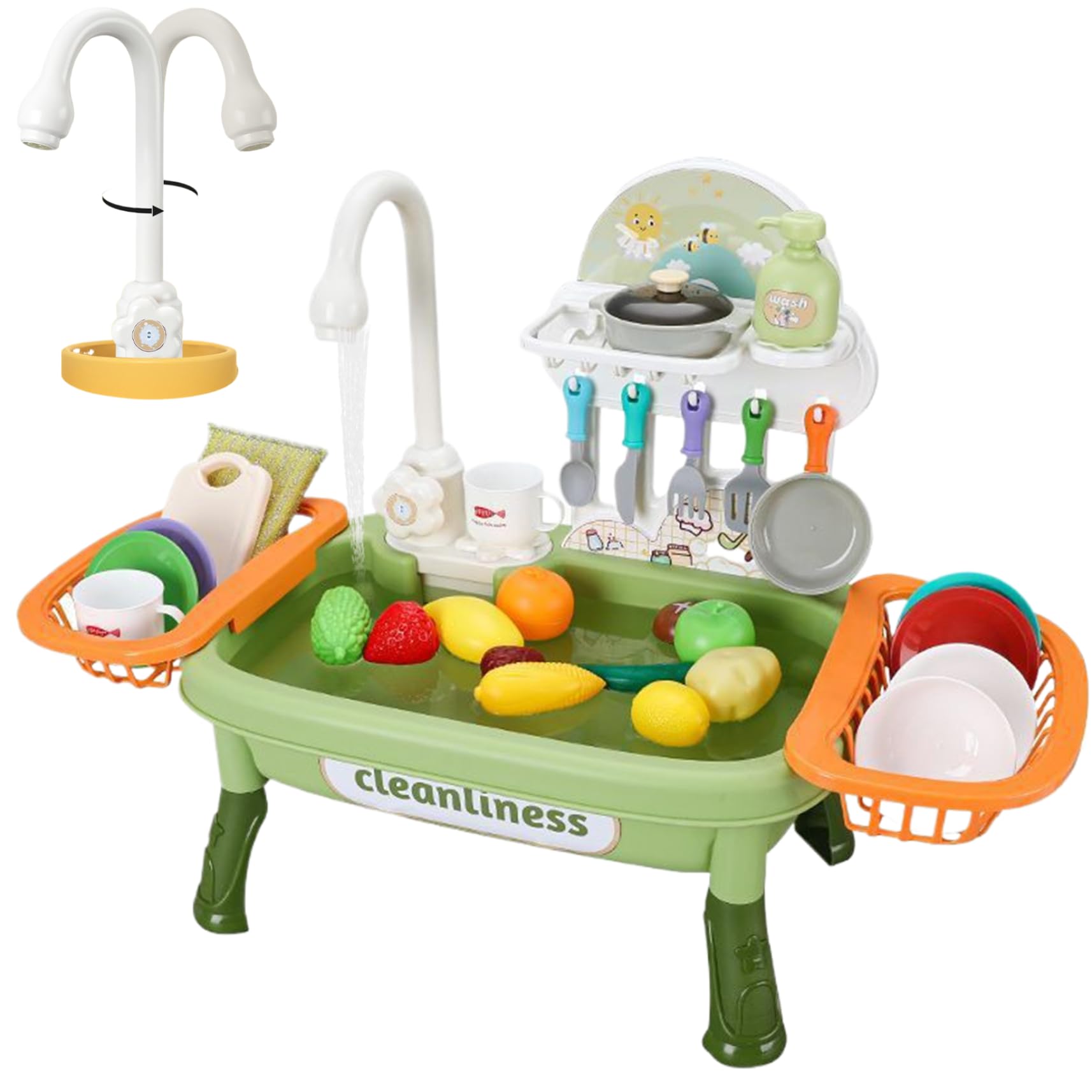 Lavandino da Gioco con Acqua Corrente 1 Set Rubinetto Elettrico Girevole Lavandino per Bambini con cestello di Scarico Spazio educativo interattivo Staccabile Gioco per Bambini di Ruolo -