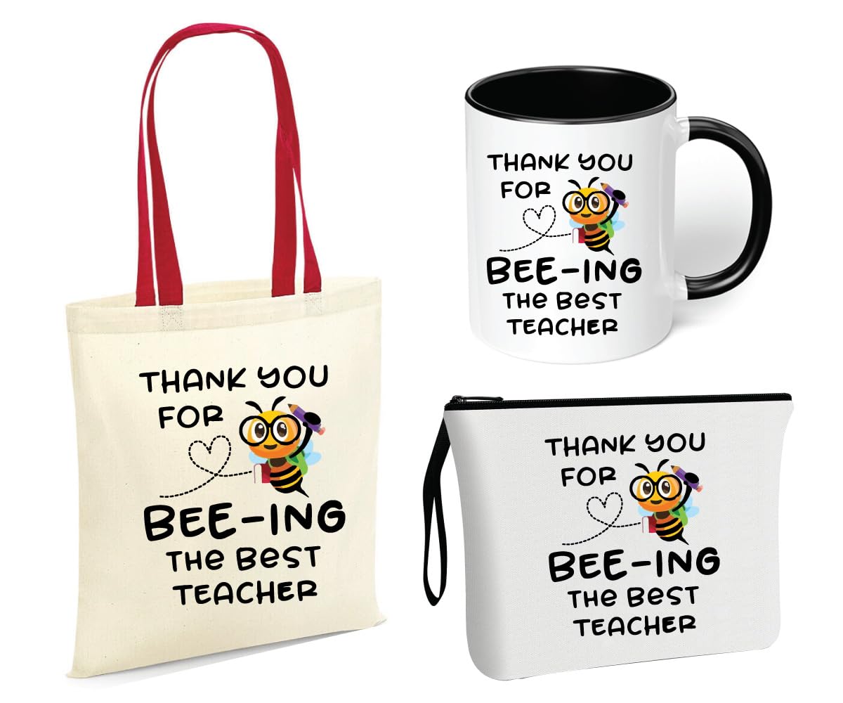 Teacher's Day Gift Combo - Stylish Red handled Cotton bag - Two Tone Black Mugs and Cosmetic Pouch - Pack of 3 Combo Set - World Teachers Day - Ideal for Teacher Appreciation Gift