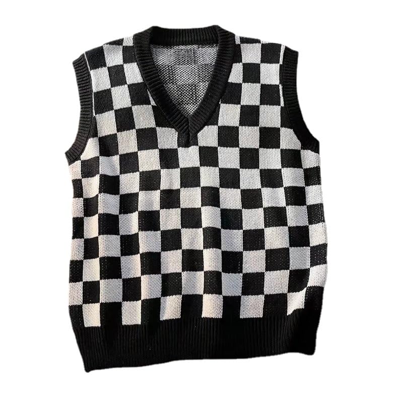 Plaid Graphic Grandpa Sweater Vest for Men Preppy Clothing Y2k Grunge Outfit Trendy Acubi V Neck Tops Gothic Knitwear