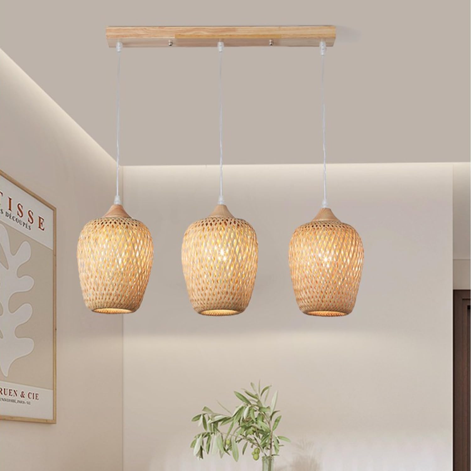 Lampada A Sospensione In Bambù Intrecciato Lampadario Artigianale Ellittica Sospensione Vintage Industriale E27 For Isola Cucina Sala Da Pranzo Soggiorno(3-flammig)
