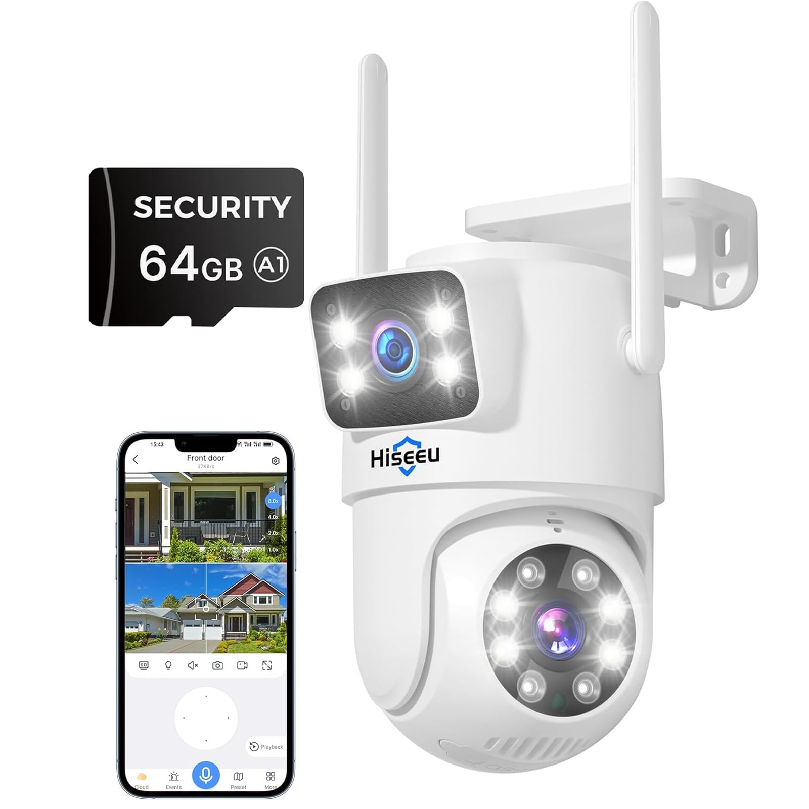 Hiseeu Wireless Security Camera Dual Lens 5G/2.4G WiFi PTZ Camera Outdoor,Power Cord,IP65 Waterproof Motion Tracking,Color Night Version, with 64GB