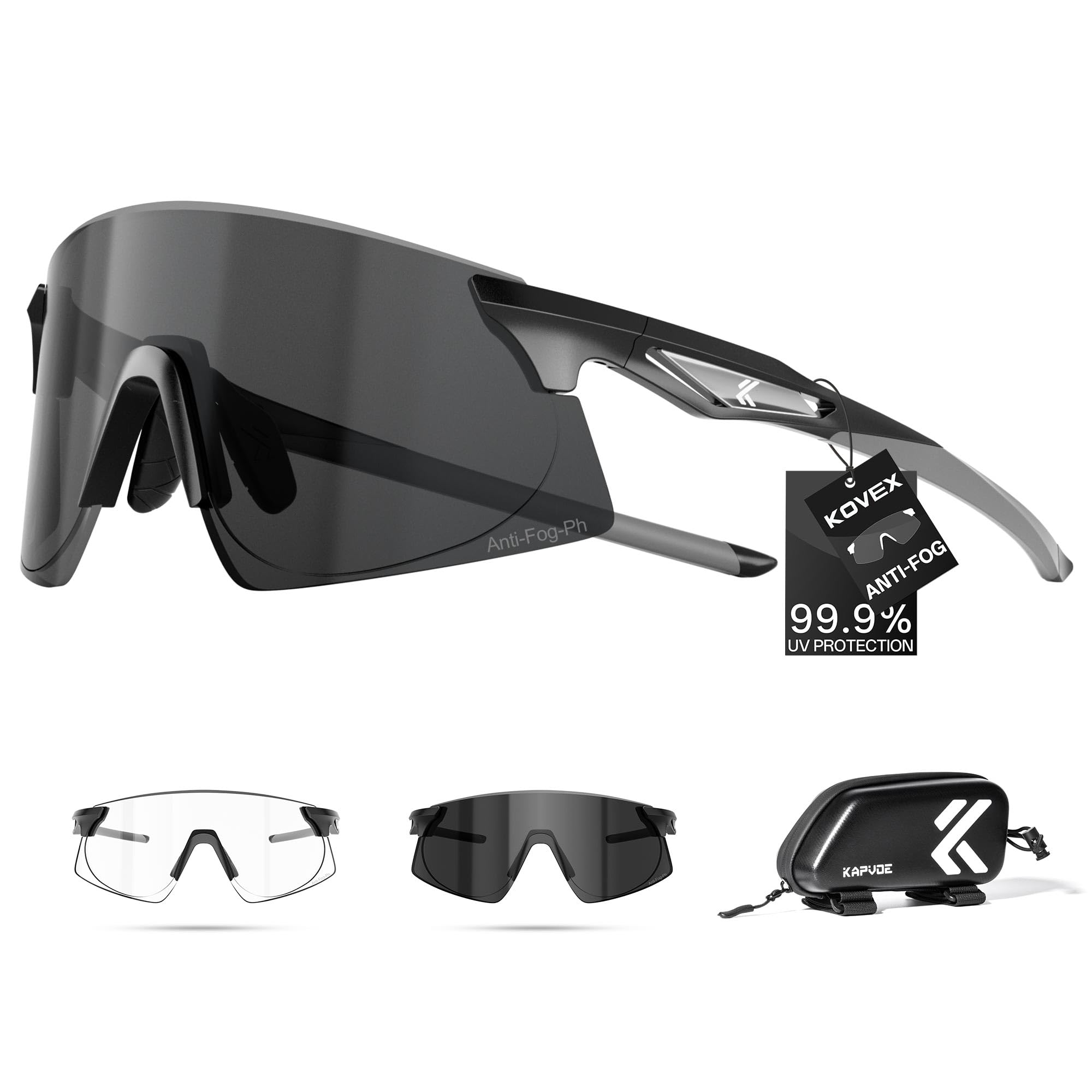 KOVEX Lunettes Velo Photochromique Lunette de Soleil Sport Cyclisme Homme Femmes Route VTT Running Course a Pied Base-ball Golf K242
