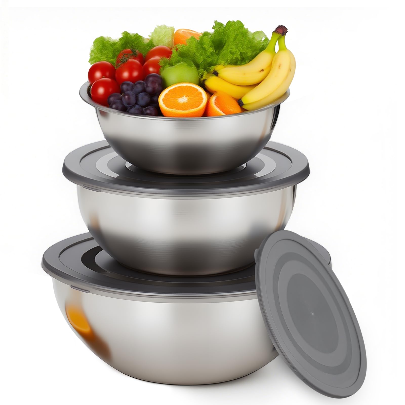 SXTDKMJ 3 Pcs Mixing Bowl Set, Salad Bowl with Lid Stainless Steel Nesting Bowls for Baking Serving Storing 17/19/22cm
