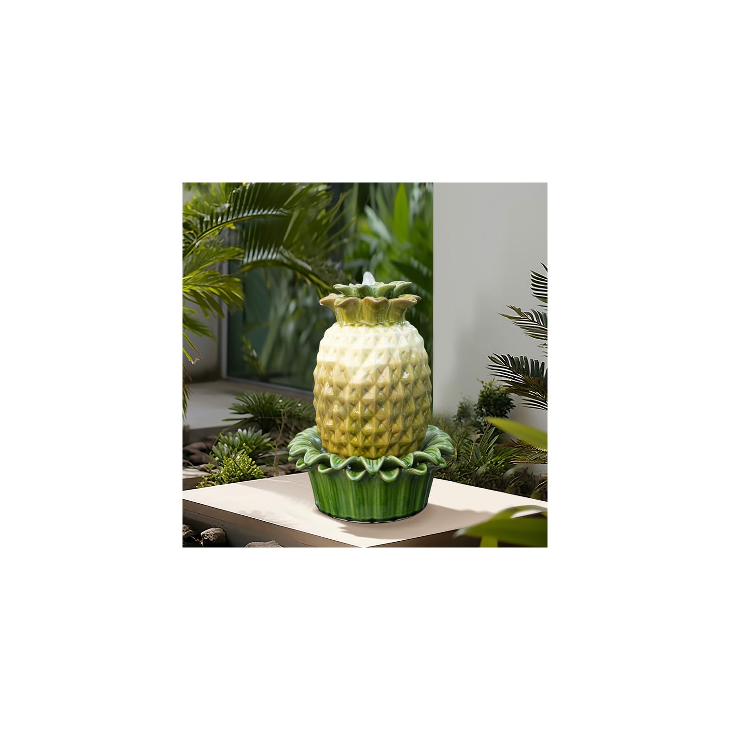 Maykoosh Hollywood Regency Pineapple Ceramic 17 in. H Tabletop Fountain Indoor/Outdoor, 13.19 in. W X 17.13 in. H X 13.19 in. D, Artistic Bubbling Fountain, Outdoor Home Dcor Accent