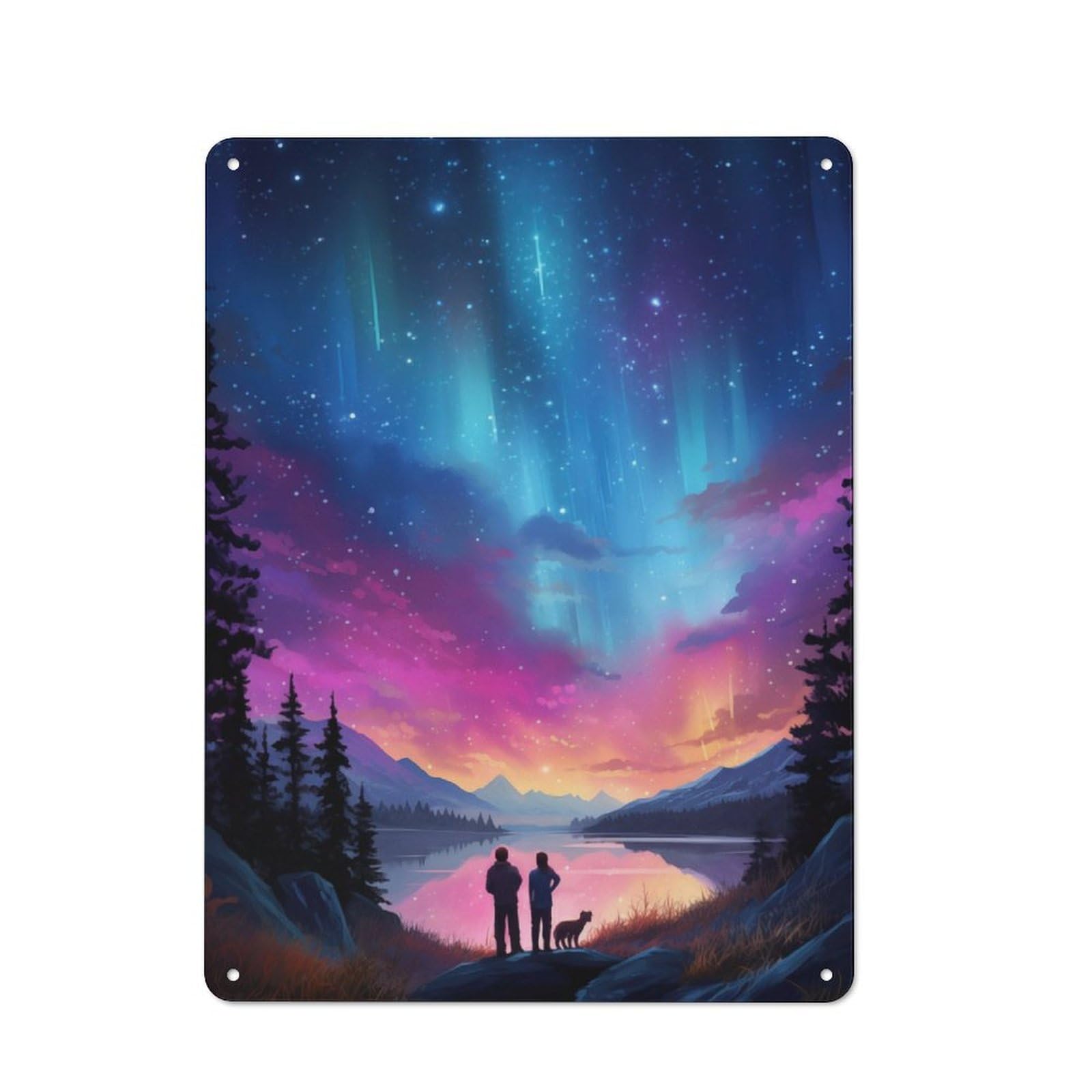 Junmoney Rainbow Aurora Over Lake Printed Metal Sign, Easy To Hang Plaque For Home Bar, Pub Room Or Kitchen Wall, 40X30cm