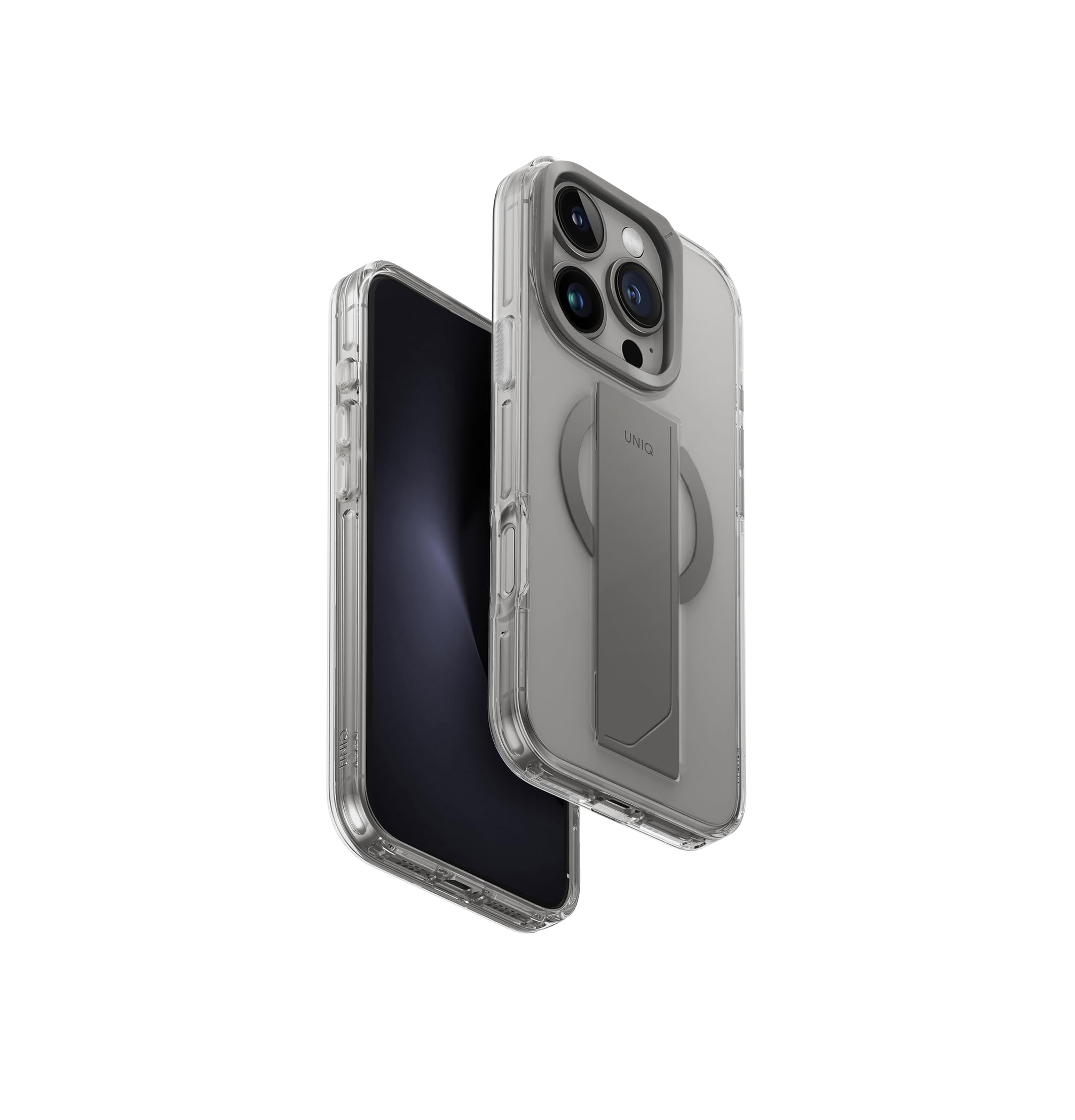 UNIQHELDRO MAX iPhone 16 Pro Case (Clear Grey) | FlexGrip™ Multi-Purpose Phone Case + Magnetic Charging + Camera Stand