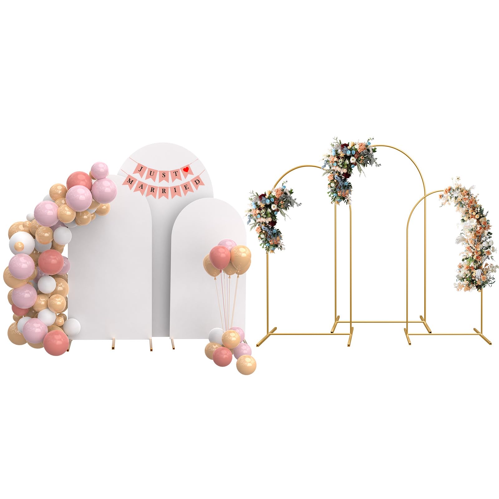 MYSWEETY Set of 3 Metal Arch Backdrop Stand and Cover Set, 4FT/5FT/6FT Wedding Arch Frame, Gold Arch Stand for Birthday, Party, Baby Shower, Ceremony Decor(White)