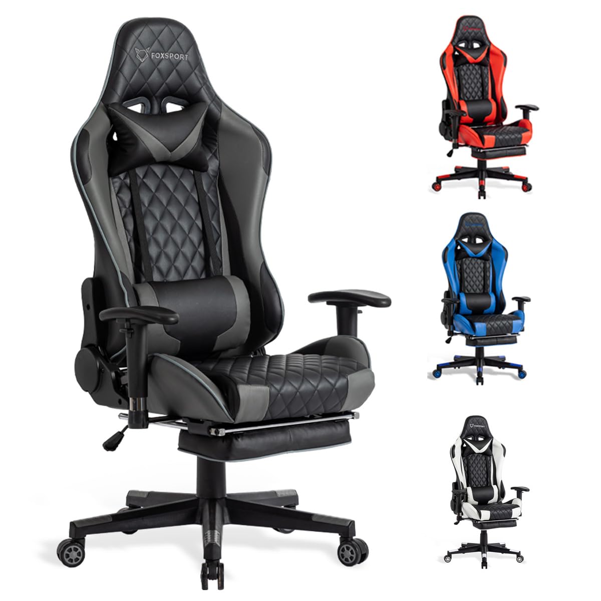 Silla ergonómica para Juegos - Totalmente Ajustable con reposabrazos, reposapiés, reposacabezas, Respaldo y cojín - Función de inclinación - Máxima Comodidad. (con reposapié, Negro)