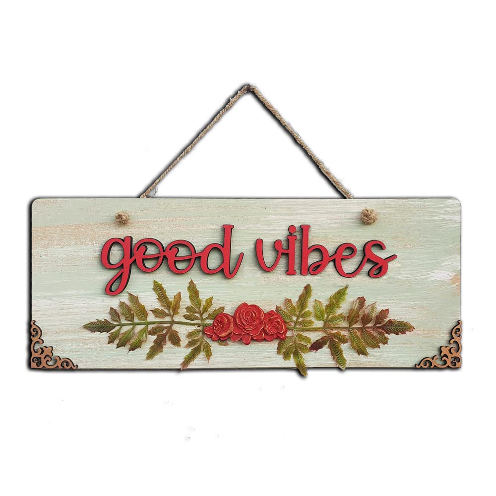- Chalk My Theme Good Vibes Quote Rustic Vintage Wooden Door Or Wall Hanging With Leaves And Flowers|Home Decoration - 12.7 Cm