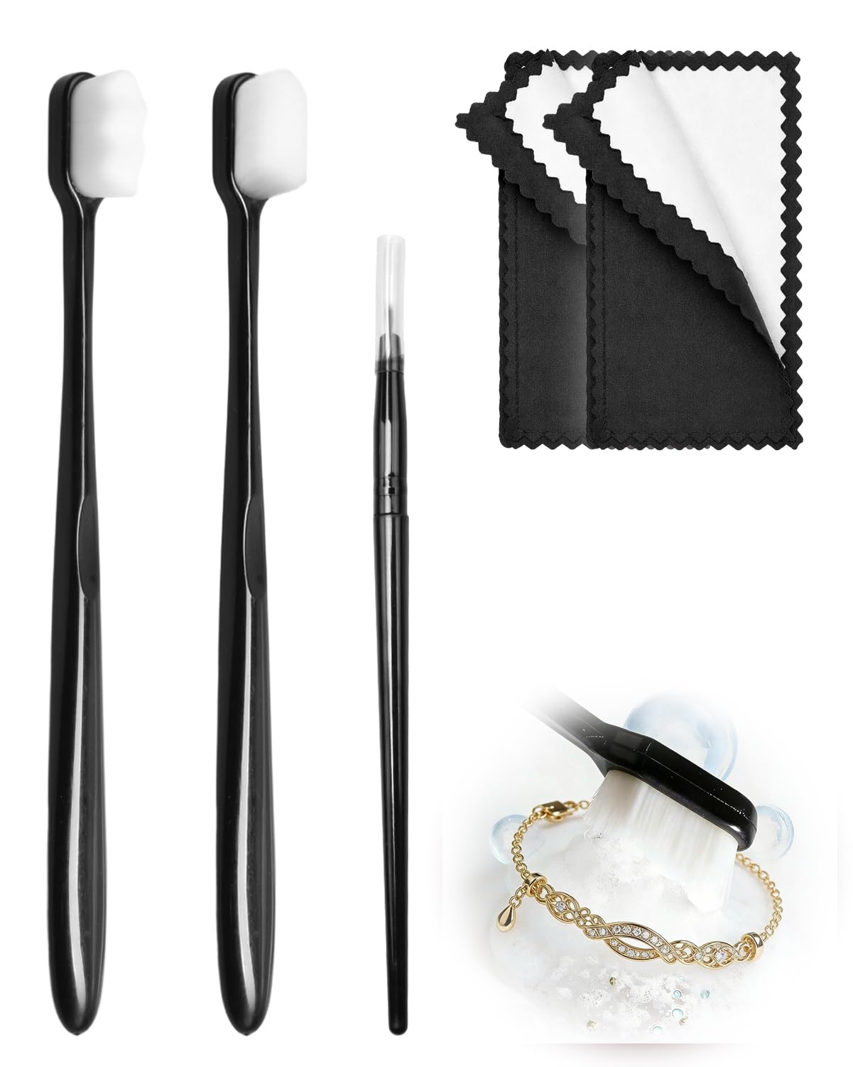 Jewelry Cleaning Kit with Cleaning Brushes and Velvet Polishing Cloths