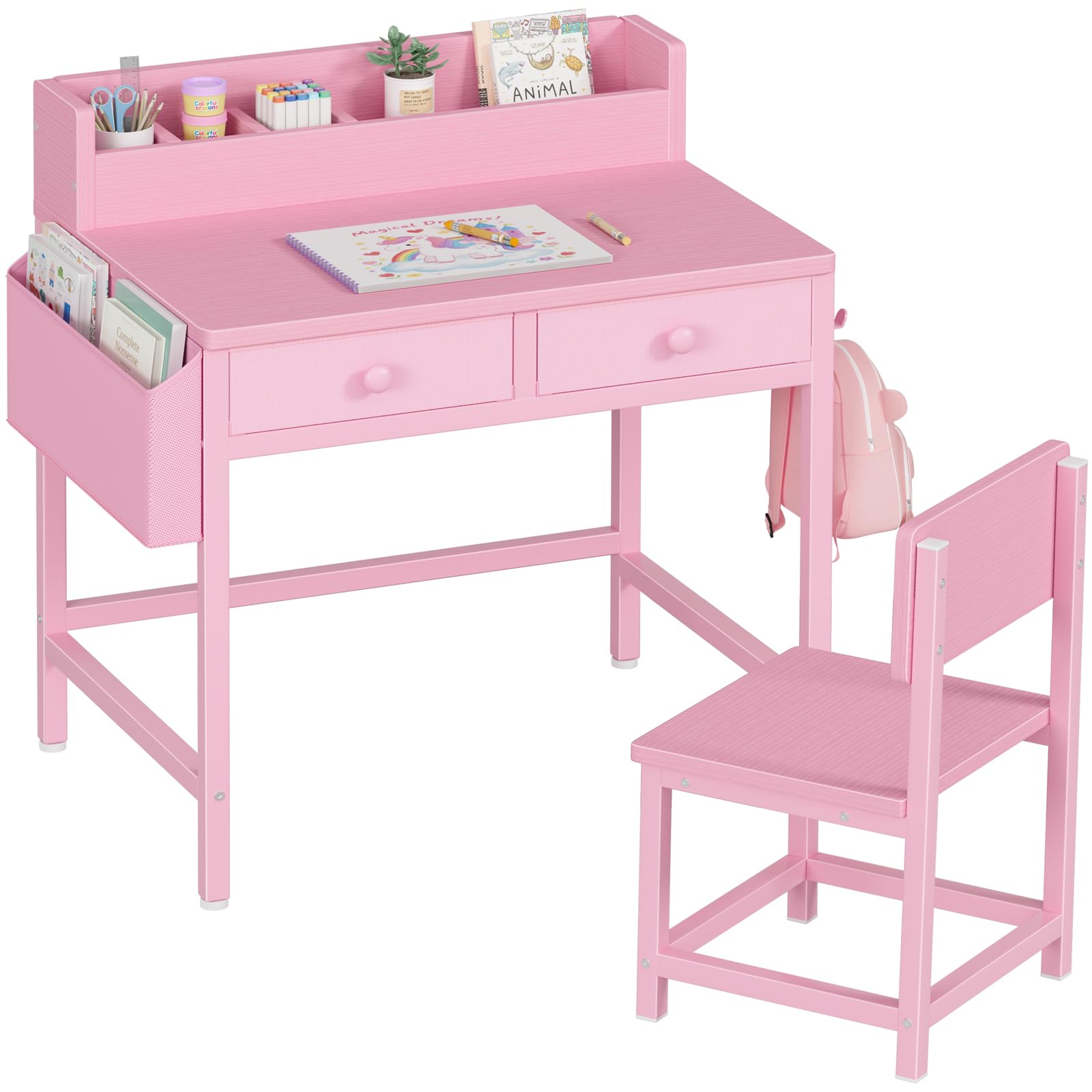BOLUO Pink Kids Desk and Chair Set for 5-8 Year Old, Small Child Desk with Fabric Drawer, Children Study Table with Storage Toddler Girls Boys
