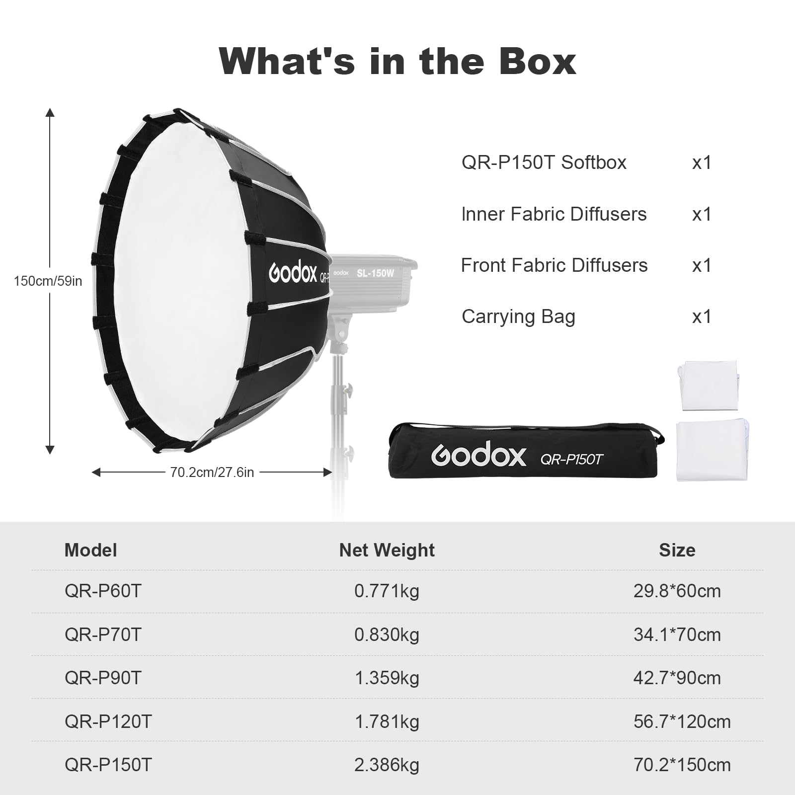 Amazon.com : Godox QR-P150T Large Softbox 59.1in 150cm Parabolic
