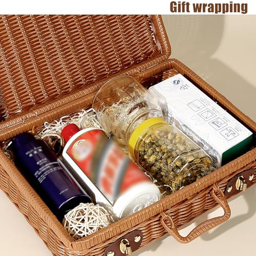 Geflochtener Rattan-Koffer Aufbewahrungskorb mit Griff, Gewebte Picknickbox, Handgewebt, mit Metallschloss, Vintage Geschenkbox aus Weide für Camping, Hochzeit, Fotografie, Deko (Dunkelbraun)