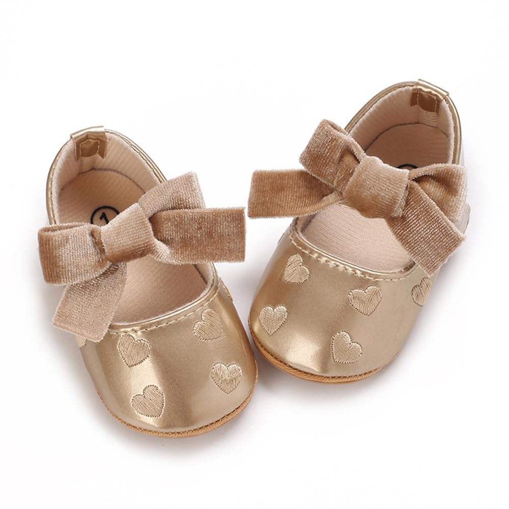 Clowora Infant Toddler Baby Girl Dress Shoes Mary Jane First Walking PU Leather Princess Wedding Rubber Sole Non-Slip with Bowknot Floral Flats (01 Gold,12-18 Months)