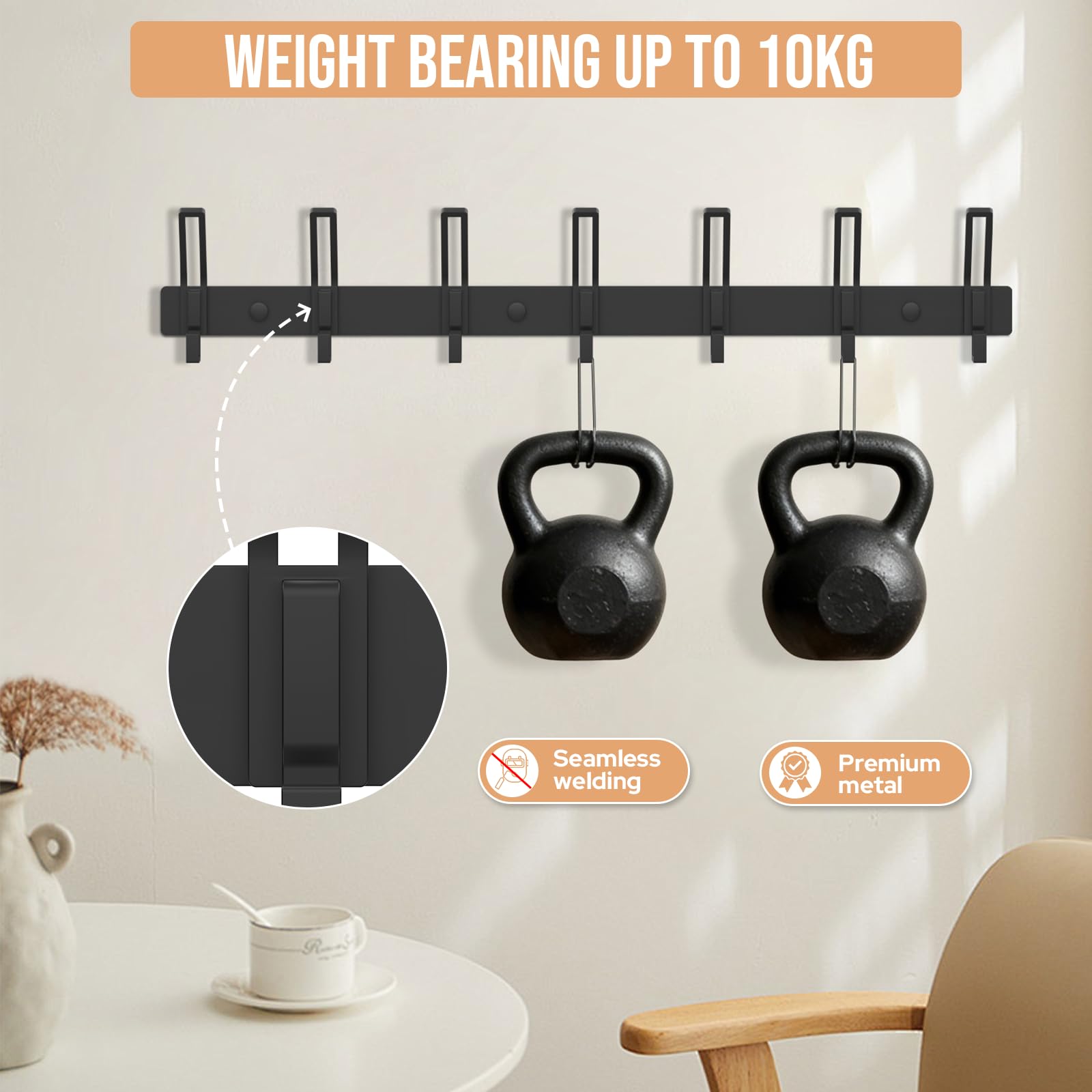 Alyvisun 2 Pieces Heavy Duty Wall Coat Hangers with 7 Hooks, Stainless Steel Coat Racks for Haning Jackets Scarves Bags, Coat Hooks Wall Mounted for Entryway Bathroom Kitchen (Black) — view 5
