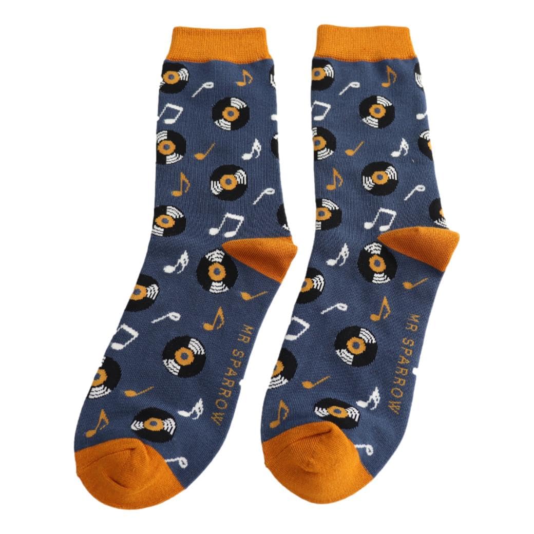 Mr Sparrow Vinyl Records on Navy Mens Novelty Ankle Socks Adult One Size