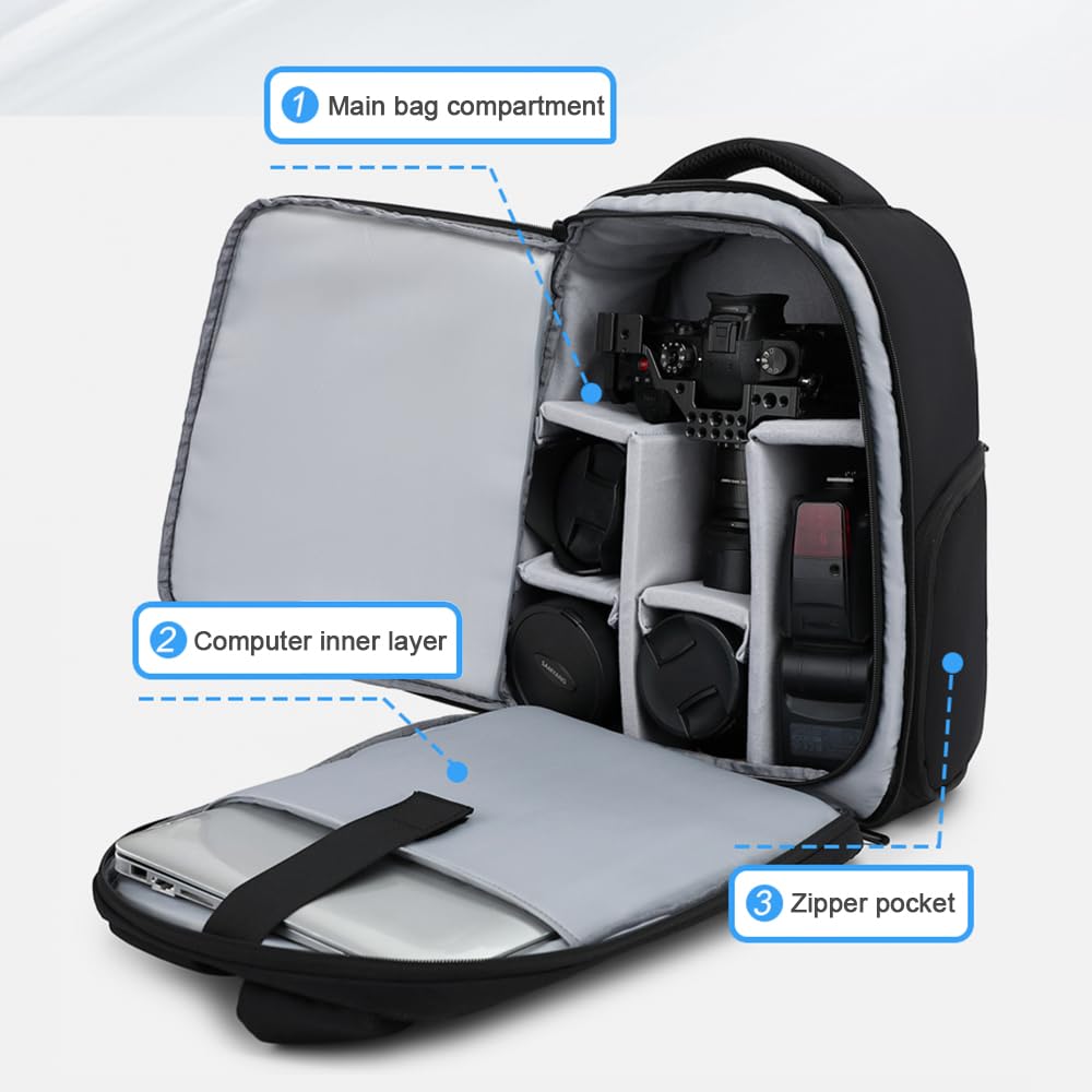 Andoer Zaino per fotocamera, Borsa portaoggetti per fotografia con apertura, laterale disponibile per laptop con divisori flessibili, per laptop, camera, obiettivo, treppiede, borraccia