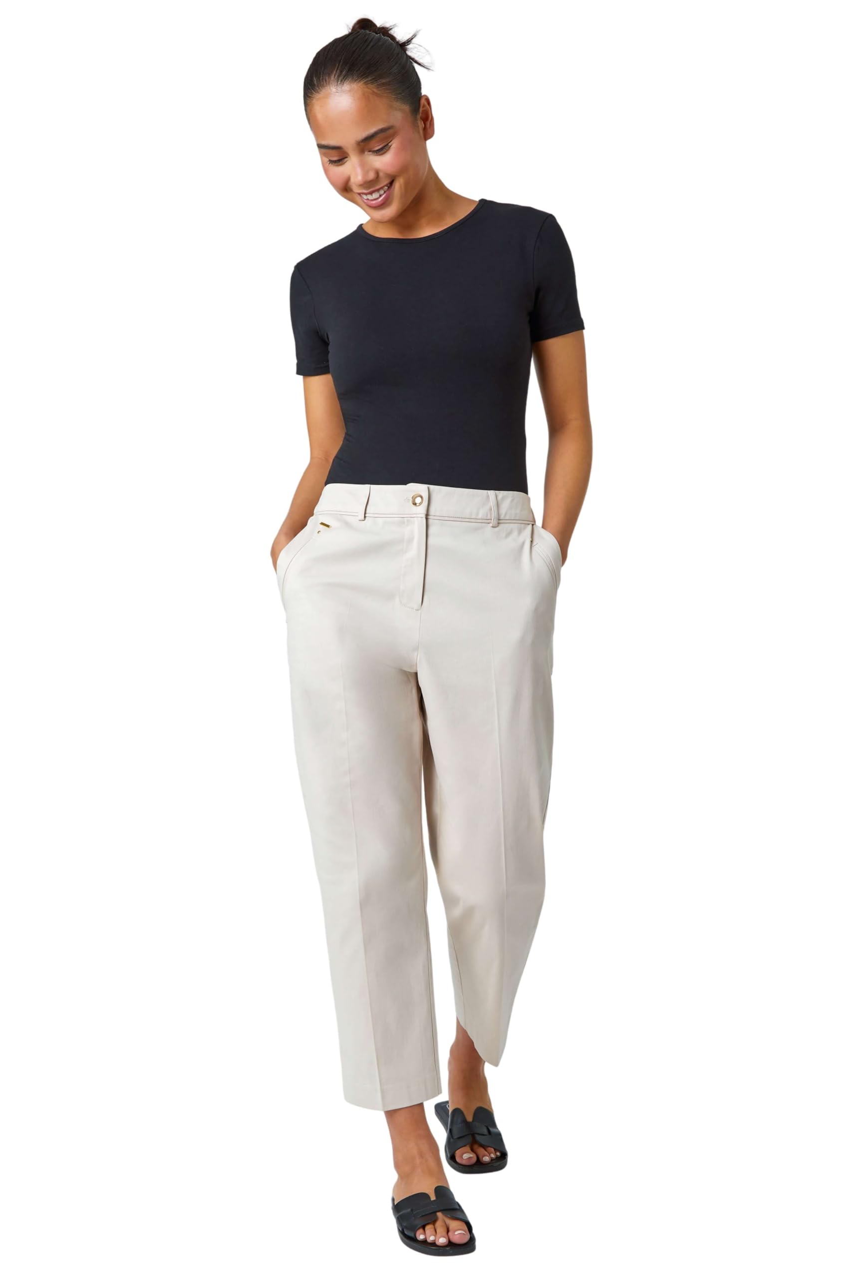 Roman Originals Women's Stone Roman Petite Cotton Blend Stretch Trousers For Uk Spring Everyday Summer Break Button Fastened Comfy Belt Loops Soft Side Pockets Pants Business Work - Size 14