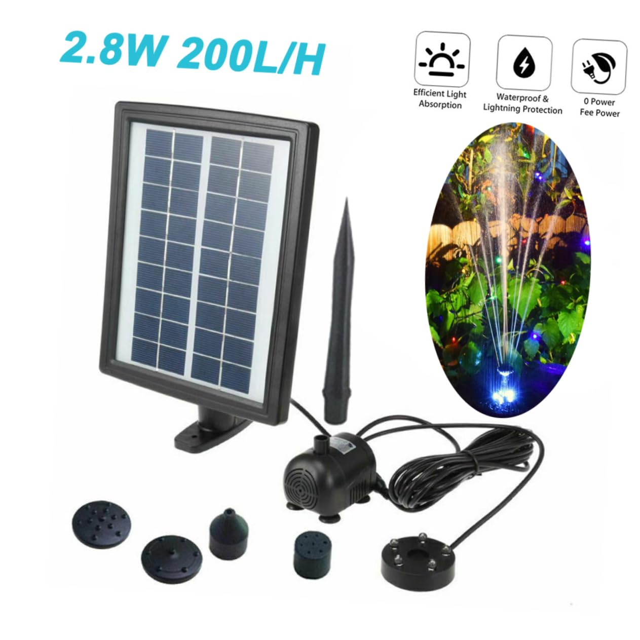 Pompa Fontana Solare 2, 8w LED Nero per Laghetto e Giardino