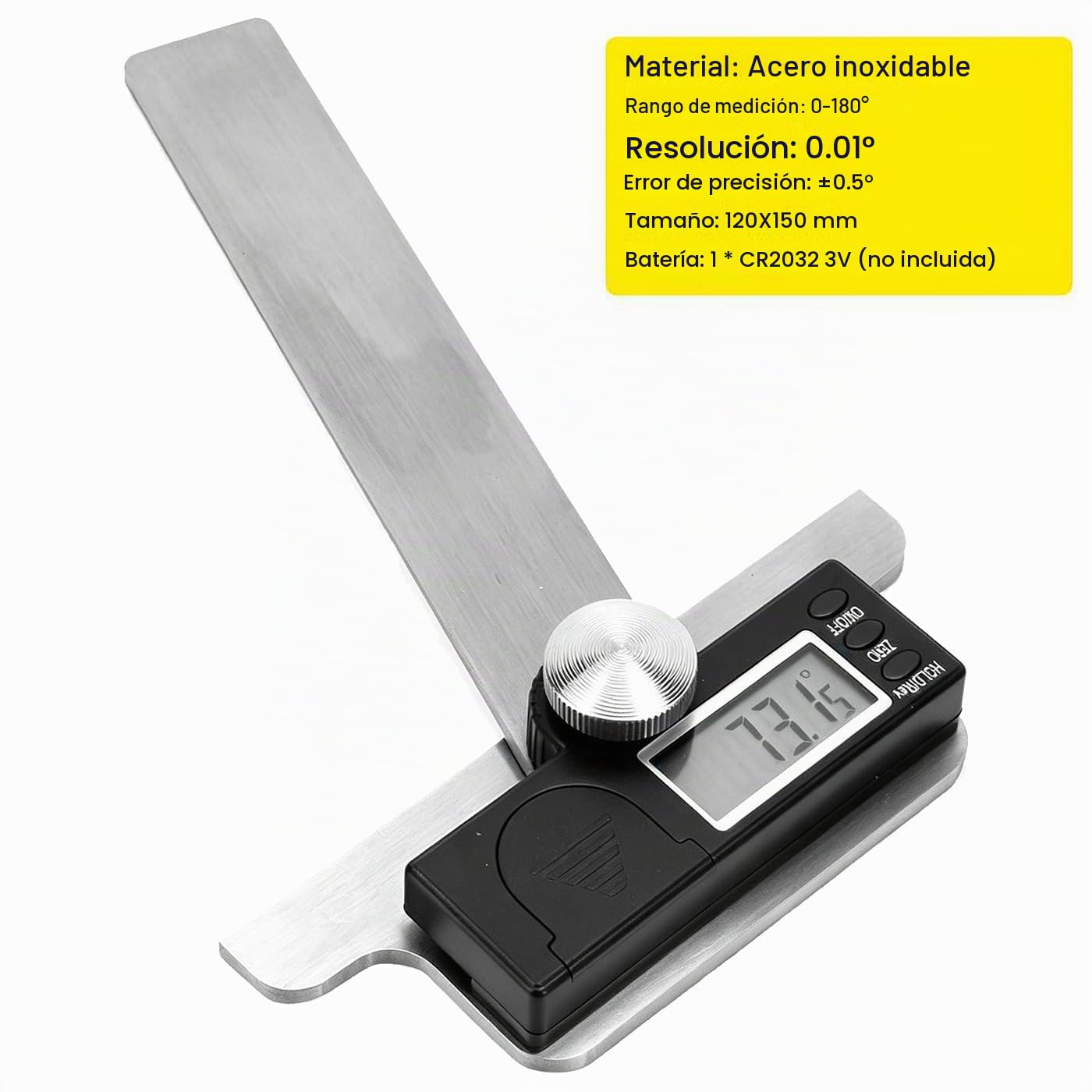 Goniómetro de Acero Inoxidable, 0-180 ° Buscador de Ángulo Electrónico de Alta Precisión Regla de Ángulo Lcd Digital 0.01 ° Trazado Rular, para La Medición de La Construcción de La Madera (120X150 mm)
