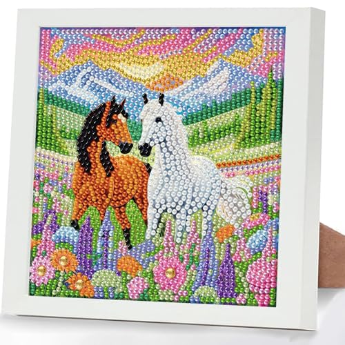 GHHKUD Pferd Diamond Painting Kinder mit Rahmen 5D Tiere Diamond Painting Bilder Erwachsene Diamant Malerei Set Geschenk für Kinder und Mädchen ab 6 8 10 Jahren Diamant Art Home Decor(18x18cm)