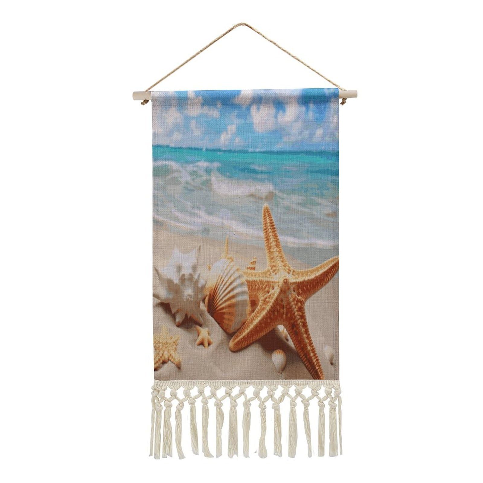 Adfgyerh Style Starfish Seashell Ocean Beach Tapestry With Tassels Cotton And Linen Hanging Posters, Wall Art For Travel Gift, Wall Tapestry For Office Home Decor Bedroom Living Room Decor