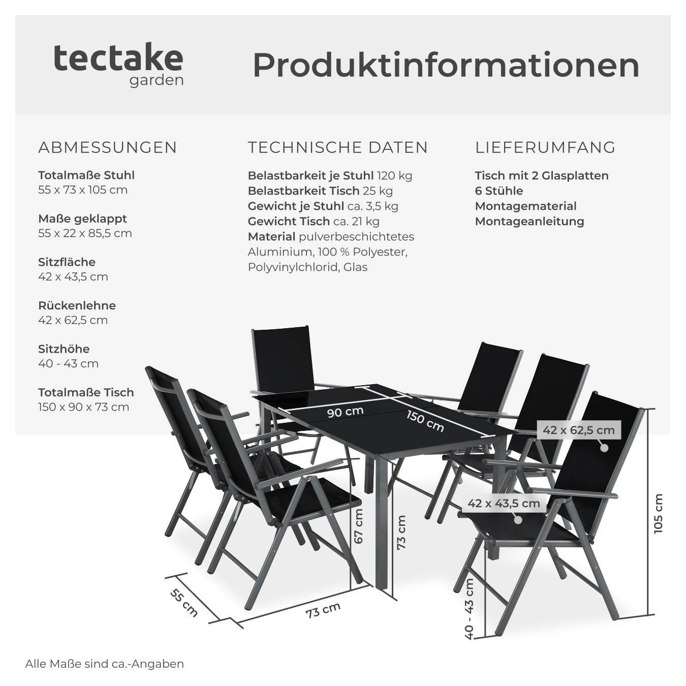 tectake® Sitzgarnitur Aluminium Klappstühle, Lounge Set mit 6X Stühle und 1x Glastisch Esstisch, Gartenmöbel Set wetterfest für den Balkon, Gartenstühle, Terrassenmöbel, Liegestuhl - anthrazit