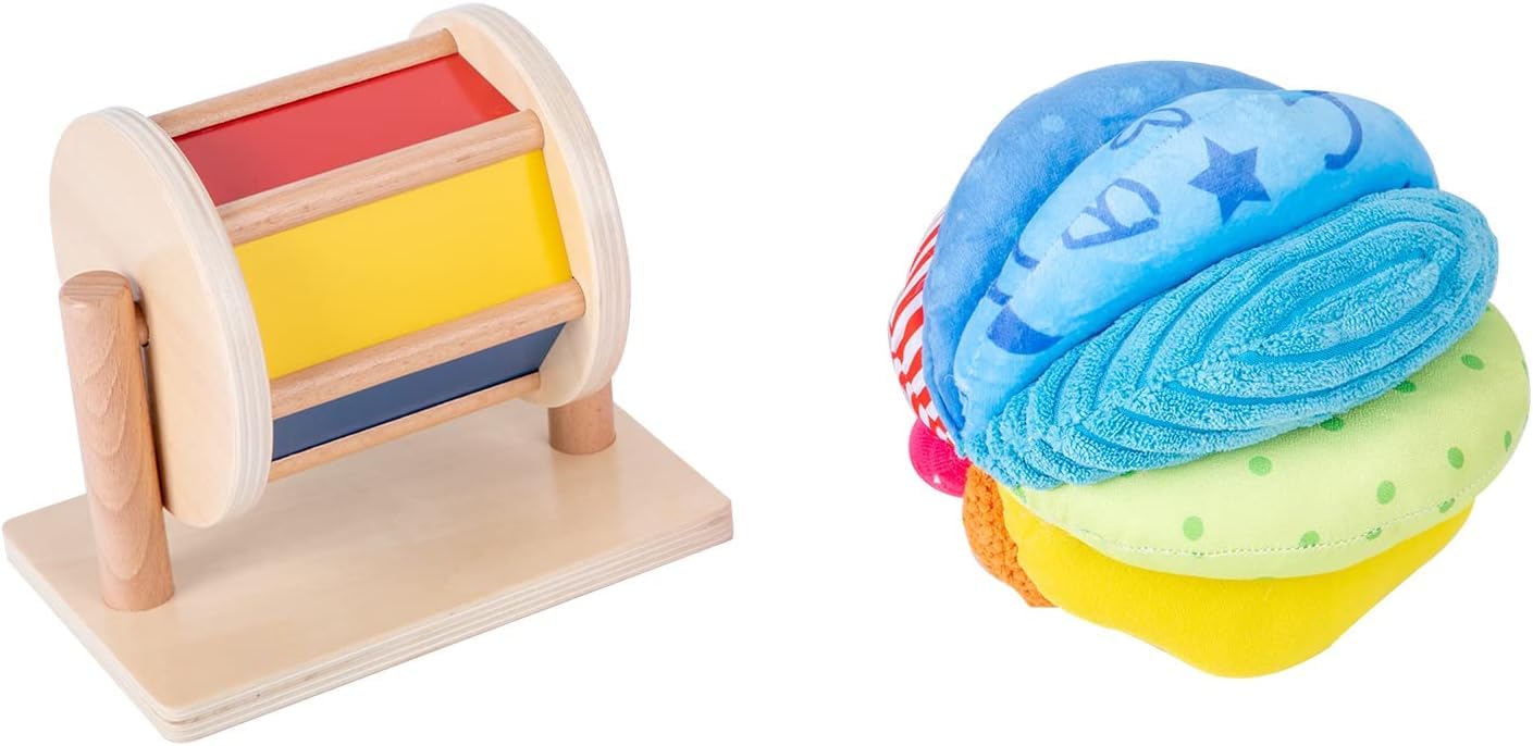 Adena Montessori Juego de juguetes para bebé con espejo Montessori, rompecabezas de botón Peekaboo, tambor giratorio medio y juego de bolas de tela arcoíris para niños de 6 a 12 meses (juego 3)