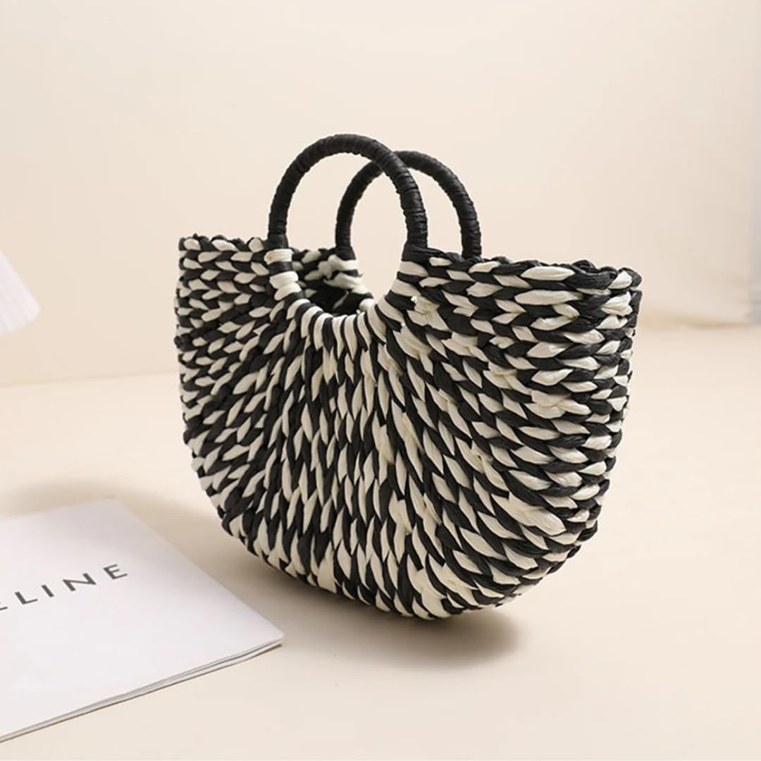 Damen Stroh-Tote Handtasche große Kapazität Halbrunde Handtasche Farbe Clash Halbkreis Webtasche Summer Beach