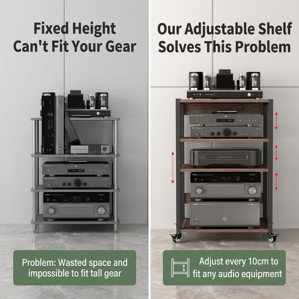 Acciaio resistente, rack HiFi, ripiani regolabili, ventilazione per theater