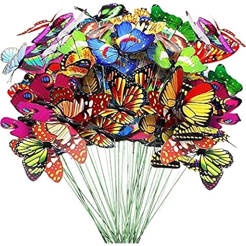 ECHG 50Pcs Garden Butterflies Stakes, 9cm Colourful Garden Butterfly Ornaments for Plant Decoration, Outdoor Yard, Garden Decor Cover