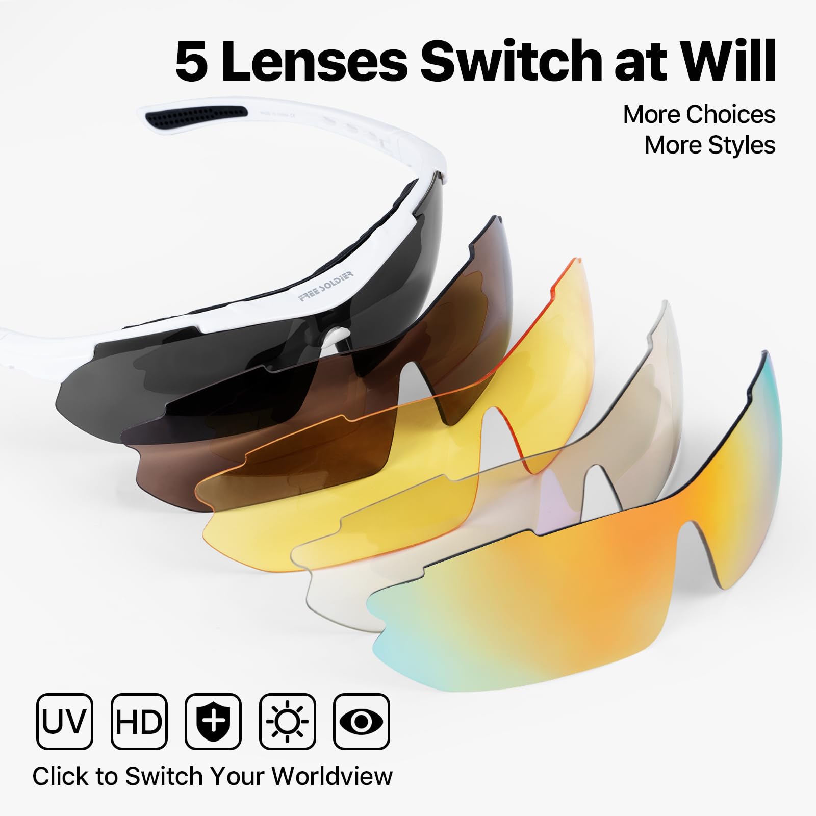 FREE SOLDIER Occhiali da Sole da Uomo Polarizzati 5 in 1 Occhiale Ciclismo MTB Softair Occhiali Tattici Militari Anti-UV400 Protezione per Ciclismo, Corsa, Pesca, Guida, Sport All'aperto