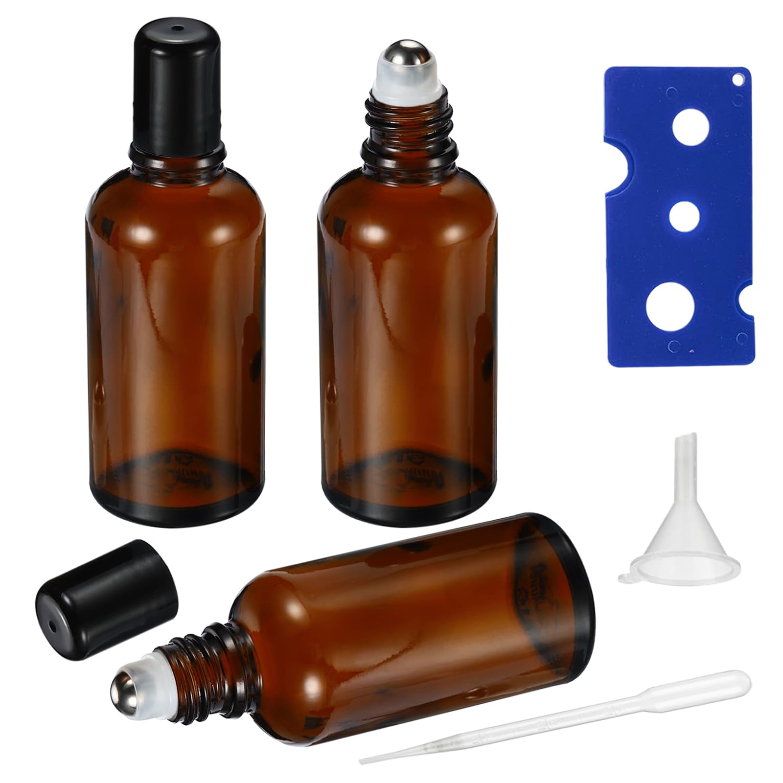 50ML Roller Bottles for Essential Oil, 3 Pack Empty Amber Glass Roller Bottle for Perfume Oil, Roll on Bottles with Stainless Steel Roller Balls, Opener, Funnel and Dropper 50ml_3pcs Amber