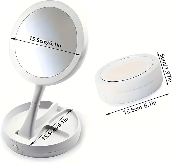 Genel LED Işıklı Makyaj Aynası, 10x Büyüteç, Katlanabilir Tasarım, USB Şarjlı, 15.5cm Çap, Beyaz