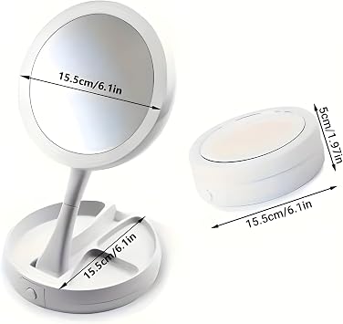 Genel LED Işıklı Makyaj Aynası, 10x Büyüteç, Katlanabilir Tasarım, USB Şarjlı, 15.5cm Çap, Beyaz