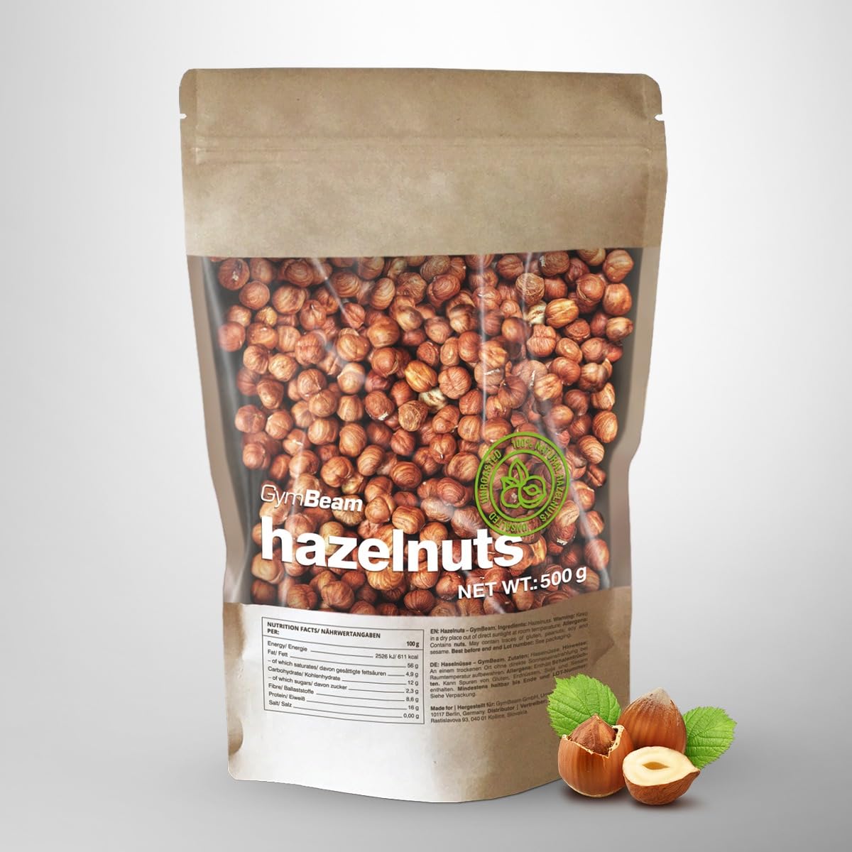 GymBeam Haselnüsse mit Schale - Ungeröstete Haselnüsse, natürlicher Geschmack, reich an gesunden Fetten & Ballaststoffen, ohne Zusatzstoffe, vielseitige Verwendung, ideal fürs Backen, vegan