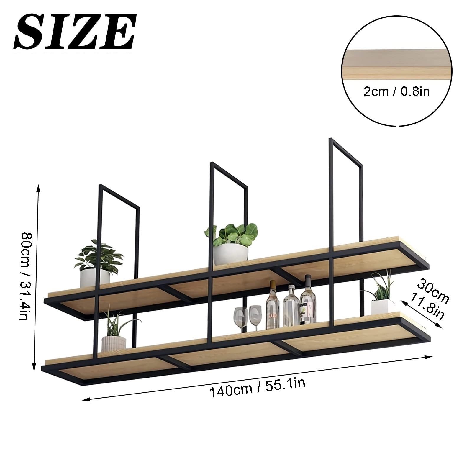 HDDNMLOH Wooden Hanging Plant Stand Ceiling Mounted Wine Rack with 2 Layers Solid Wood Floating Shelves in Retro Minimalist Style for Kitchen Storage and Decor Easy Installation (140 * 30 * 80cm)