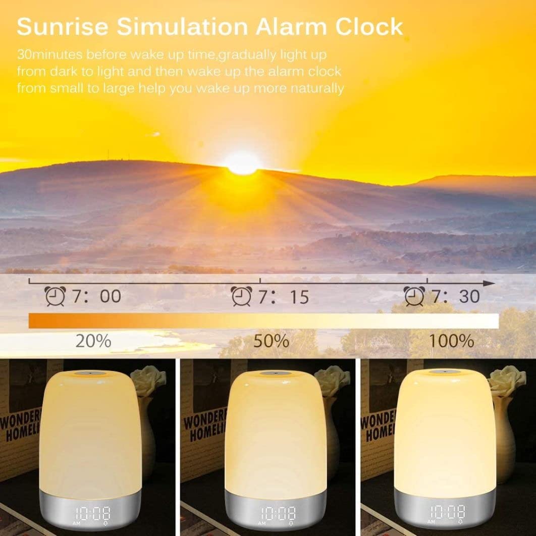 Réveil de simulation de lever du soleil LED tactile veilleuse colorée aide au sommeil avec câble USB pour enfants adultes dormeurs lourds, réveil lumière du soleil