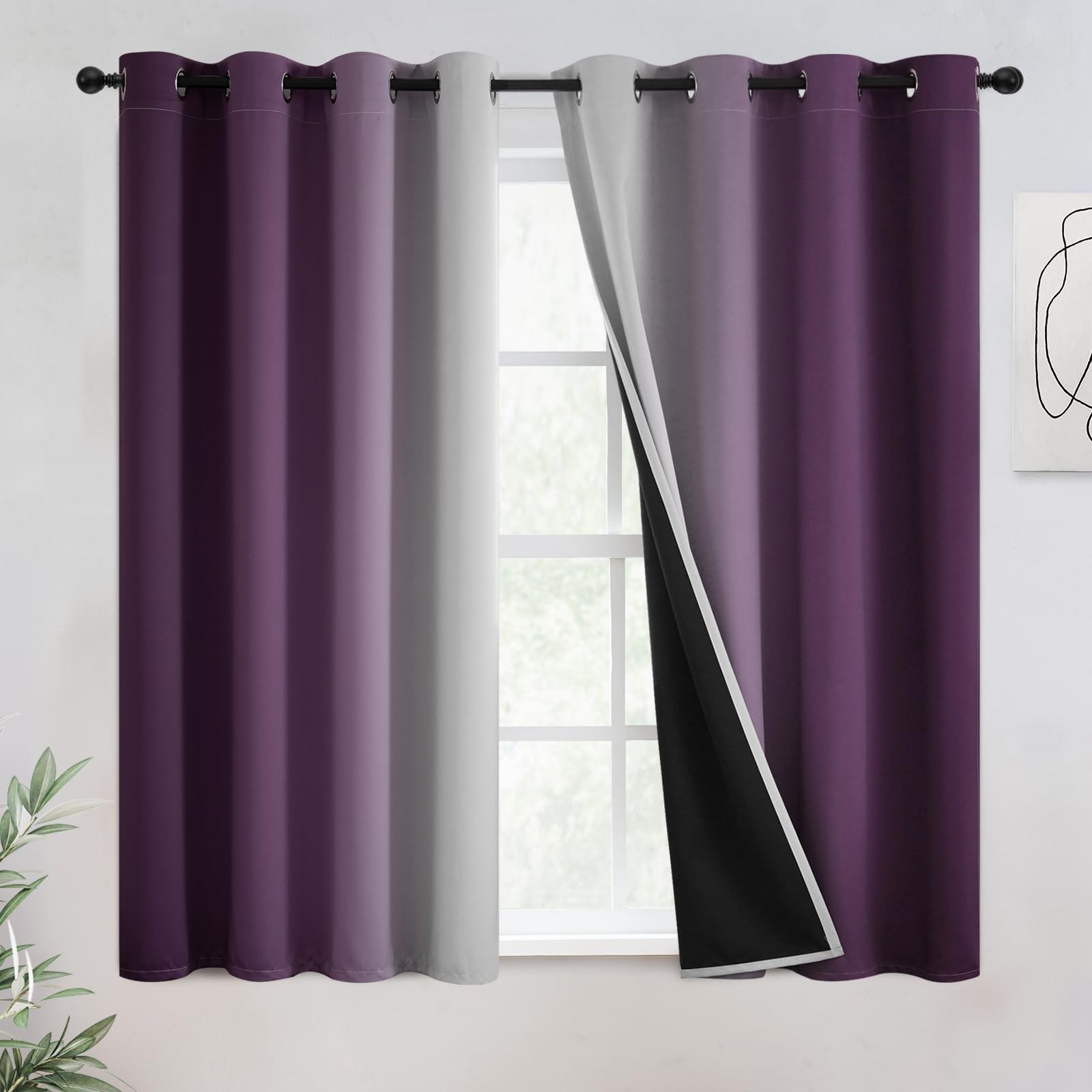 COSVIYA 100% Blackout Curtains & Drapes Ombre Purple Curtains 54 inch Length 2 Panels,Full Room Darkening Grommet Gradient Insulated Thermal Window